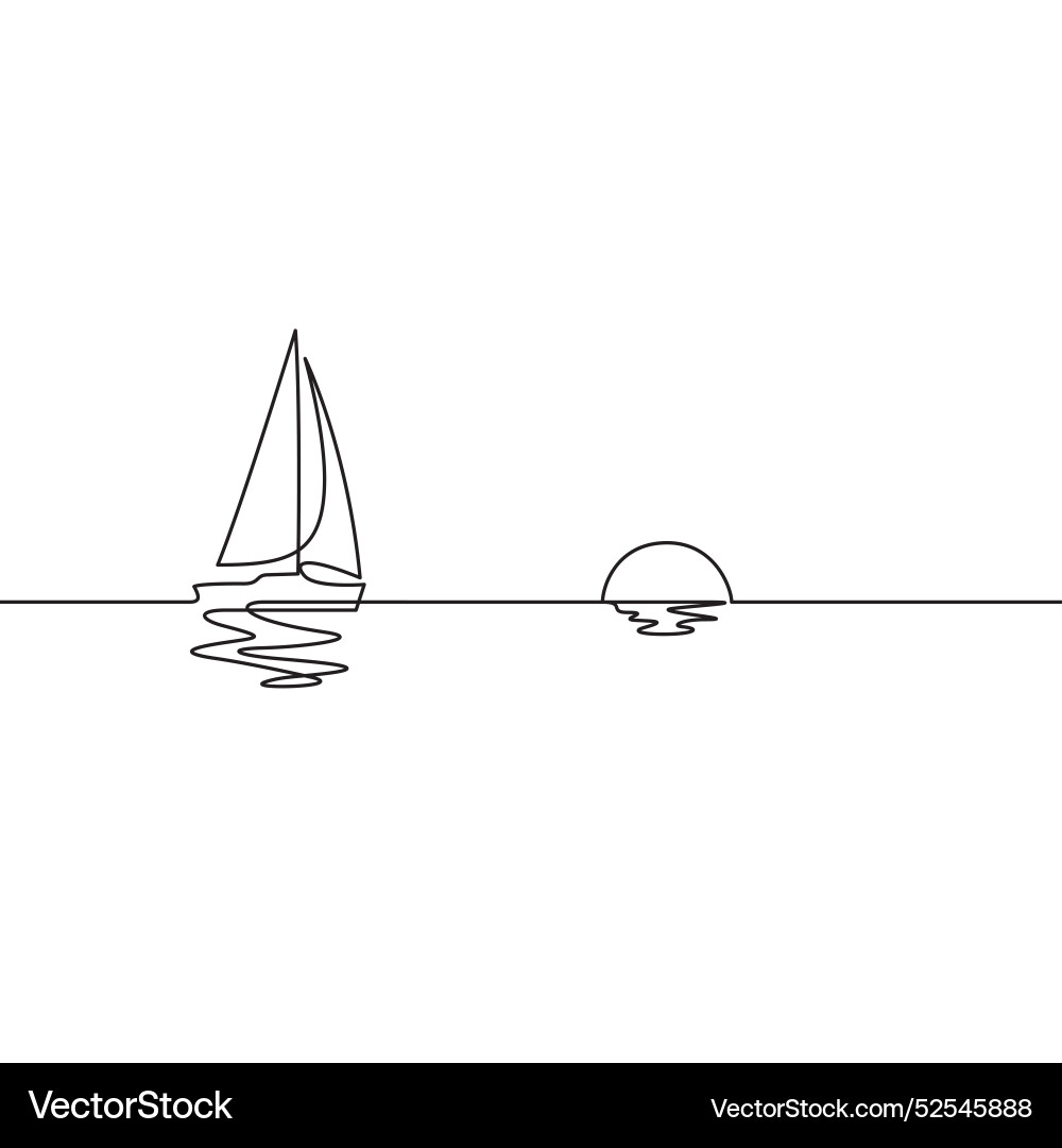 Coastal Sunset Sailboat - One Line Art Vector Image