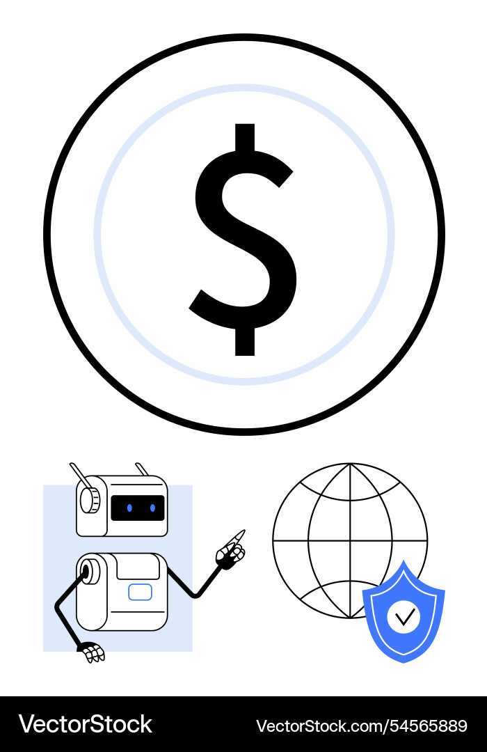 Dollar sign robot pointing at globe and shield Dollar sign robot pointing at globe and shield vector image