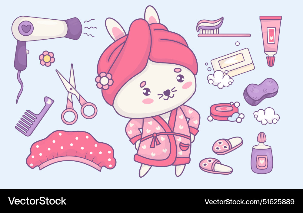 Shower cosmetics set cute white rabbit in bathrobe