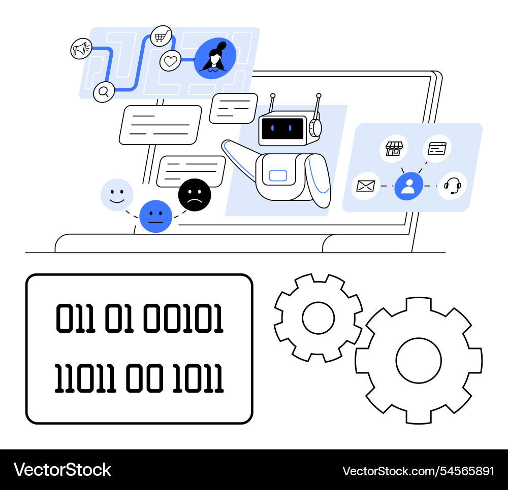 Ai chatbot interacting on laptop with binary code Ai chatbot interacting on laptop with binary code vector image