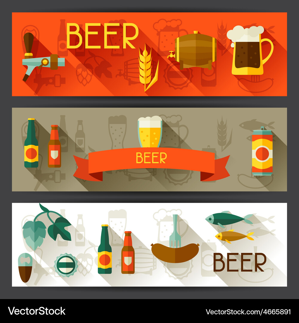 Banners with beer icons and objects in flat style Vector Image