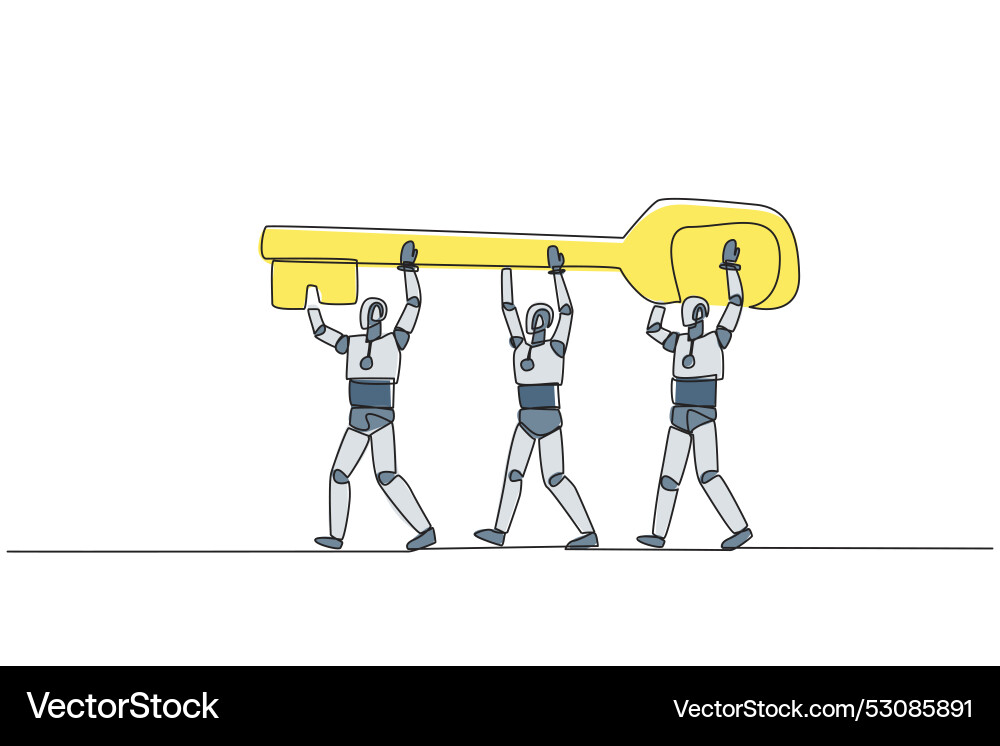 Continuous one line drawing group of robots work vector image