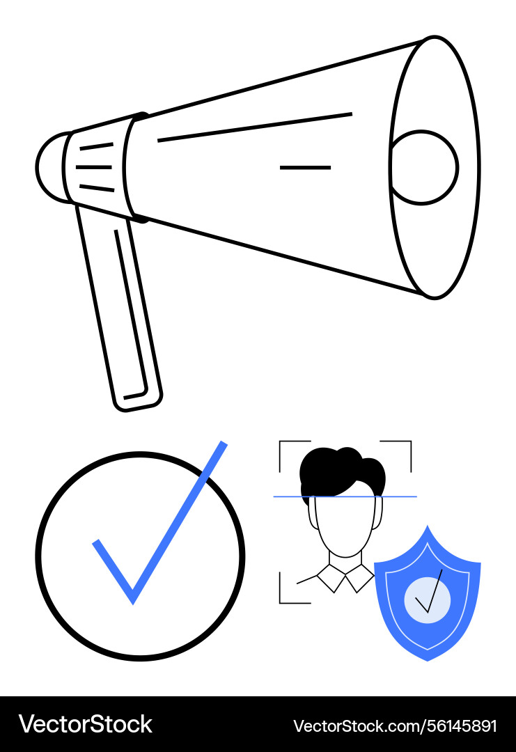 Megaphone checkmark face recognition and shield Megaphone checkmark face recognition and shield vector image