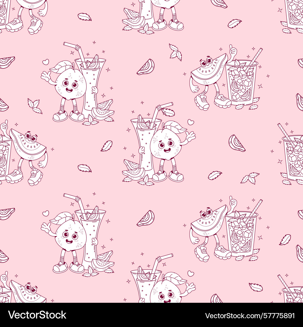 Outline seamless pattern guava character drink Outline seamless pattern guava character drink Vector Image
