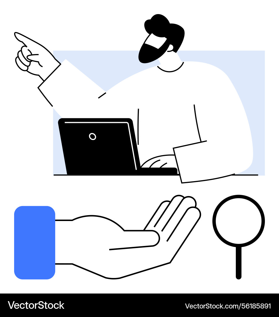 Person pointing while working on laptop with open Person pointing while working on laptop with open vector image