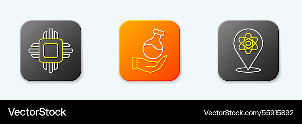 Set line processor cpu test tube and atom icon Set line processor cpu test tube and atom icon vector image