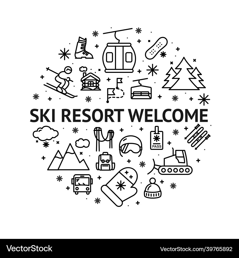 Ski resort welcome round design template contour Ski resort welcome round design template contour vector image