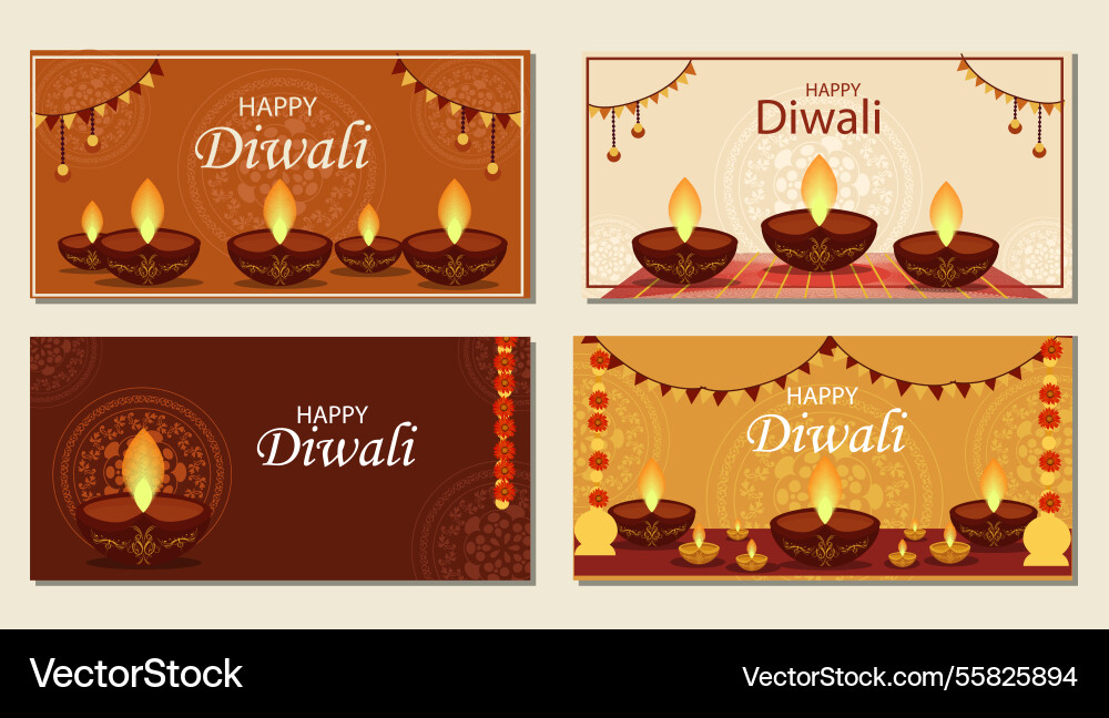 Happy diwali horizontale Banner-Set - festliche diya Happy diwali horizontale Banner-Set - festliche diya vektorbild