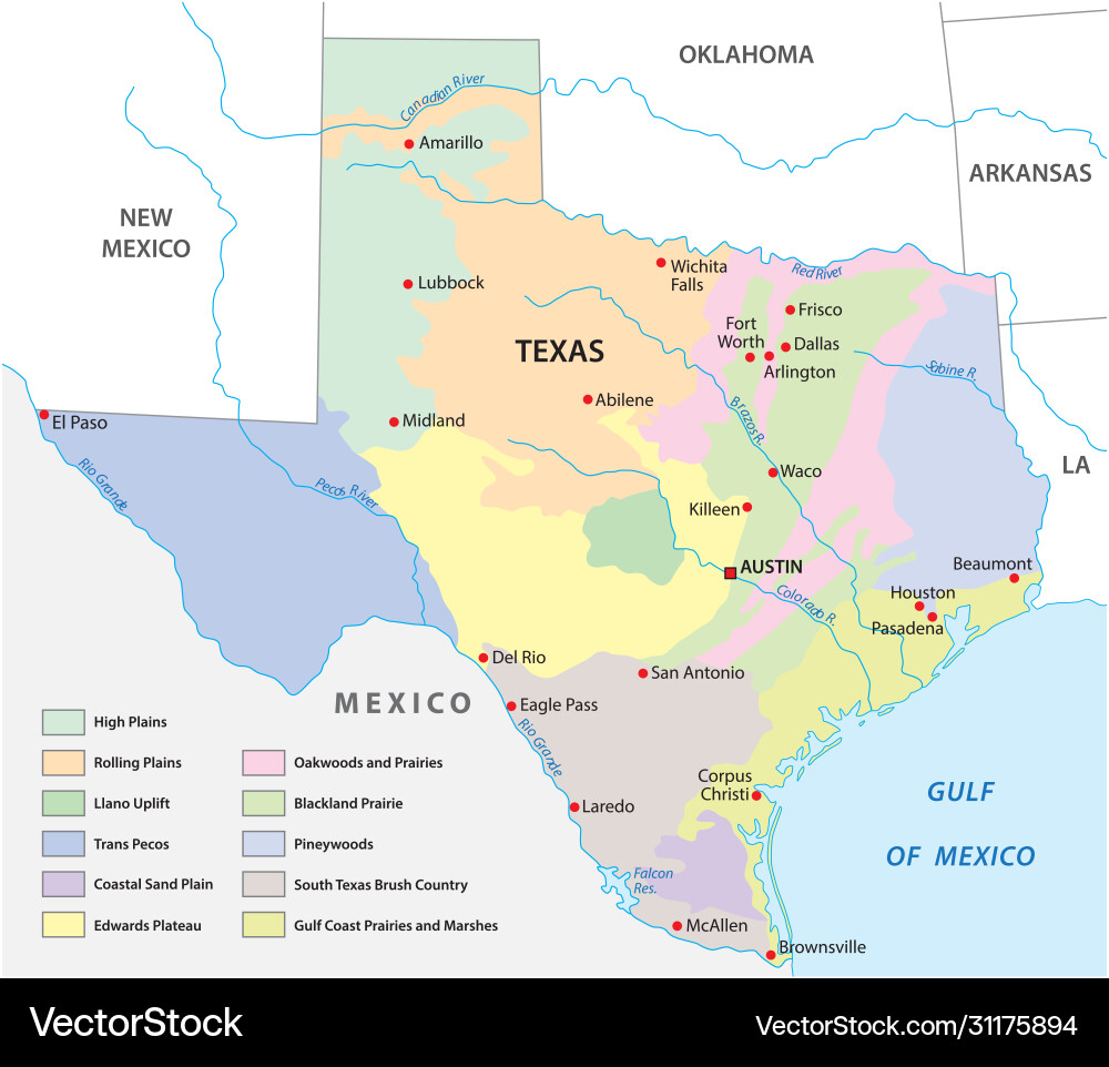 Map physical regions texas Map physical regions texas vector image