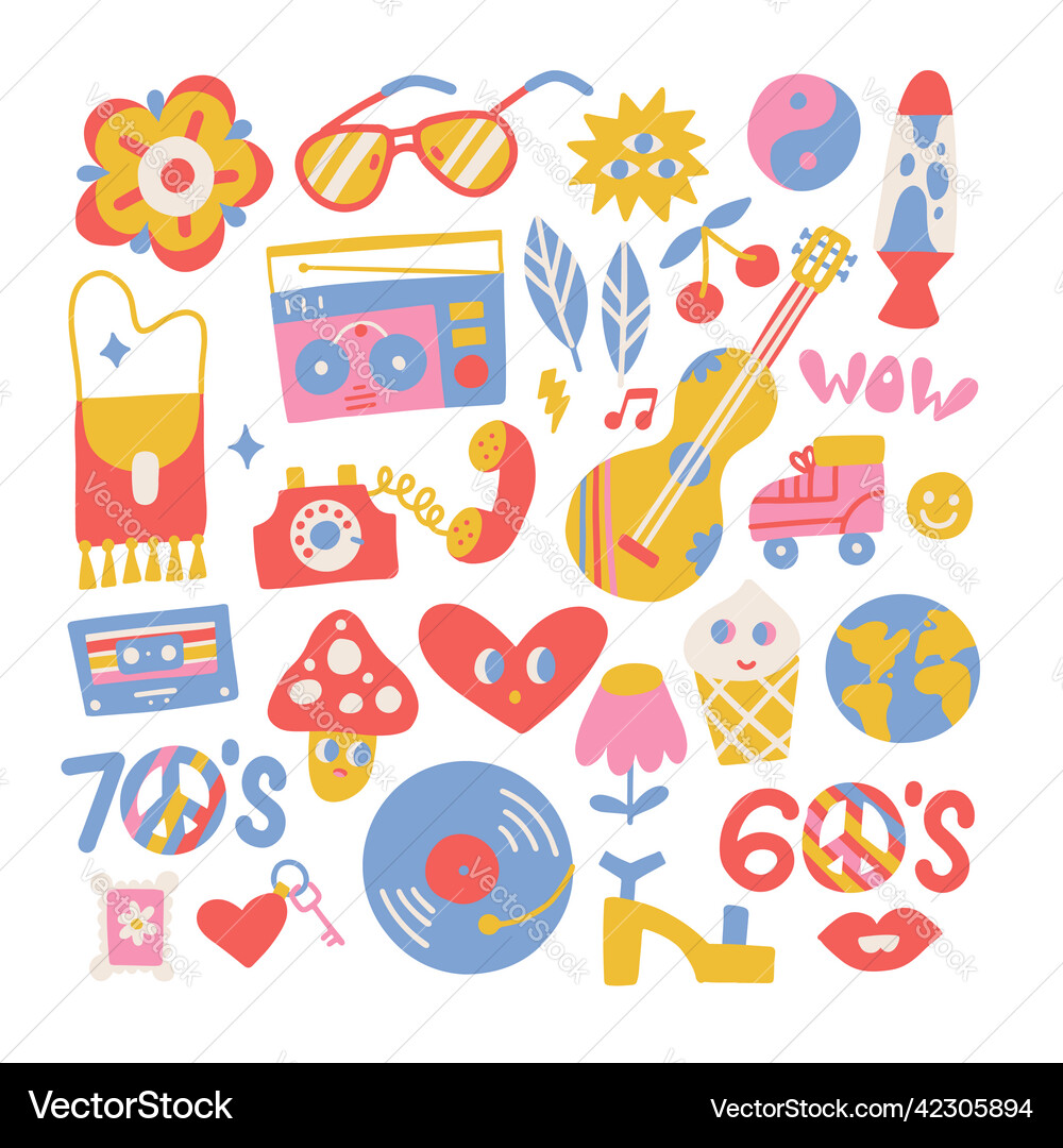 Retro Hippie Icons - 60s & 70s Vector Image