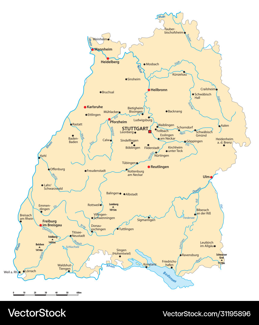 Baden wuerttemberg map with major cities Baden wuerttemberg map with major cities vector image
