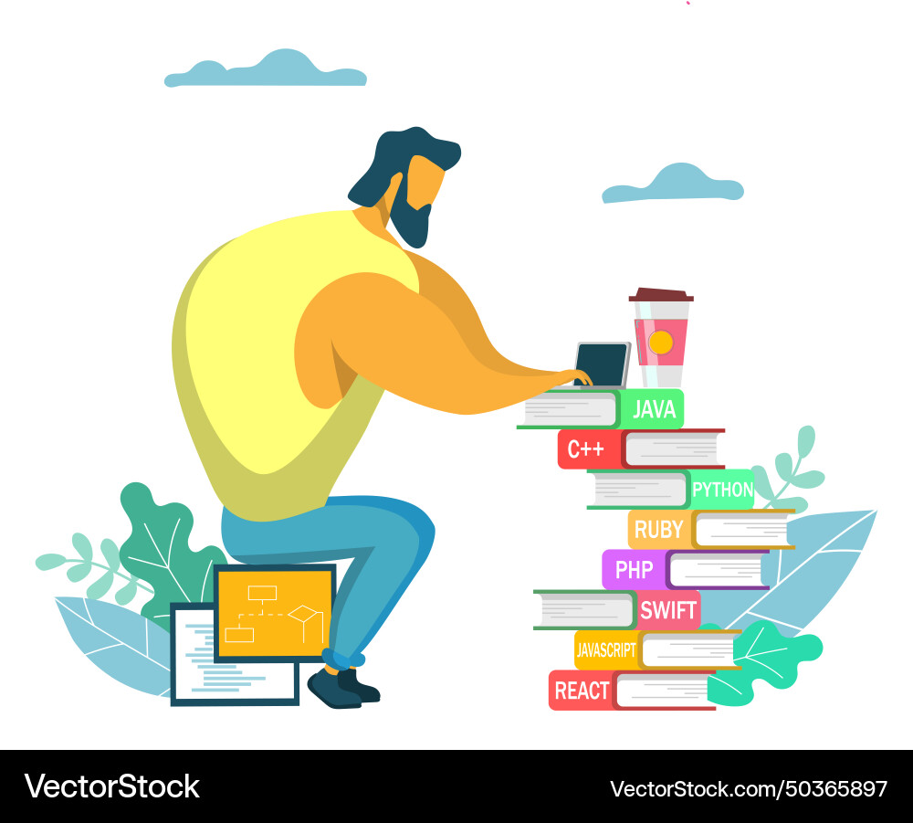 Man Working on Computer - Home Office Vector Image
