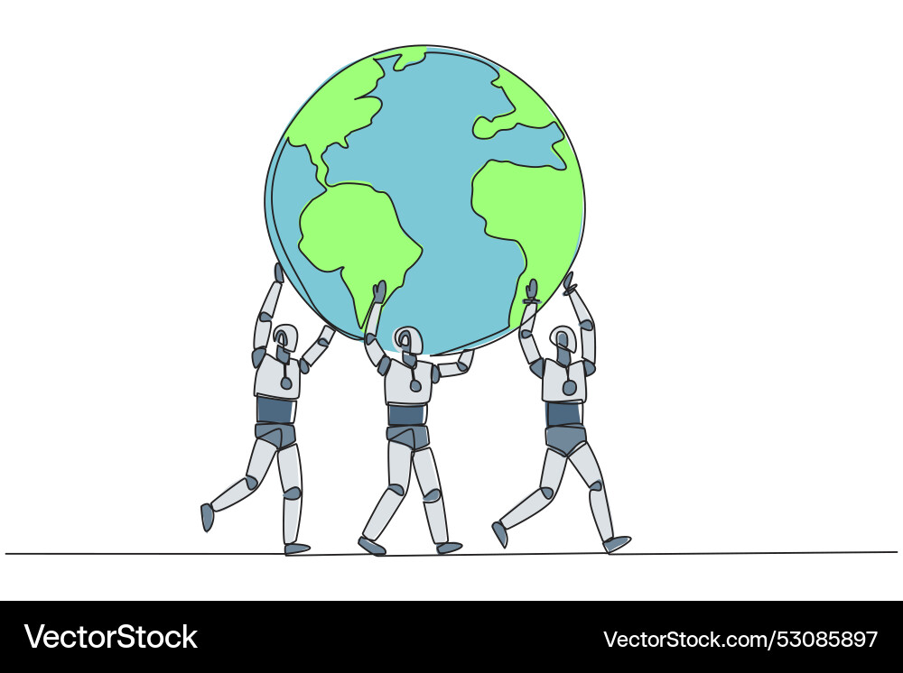 Single continuous line drawing group of robots Single continuous line drawing group of robots vector image