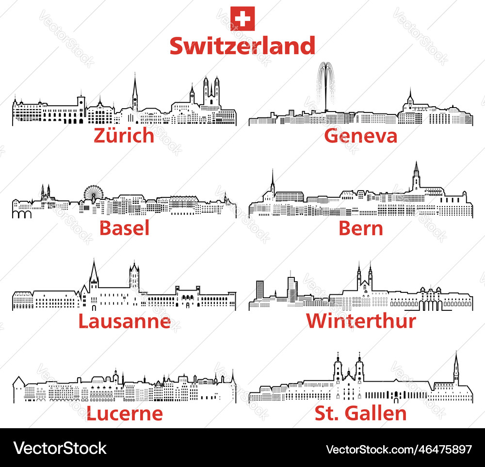 Switzerland cities outline skylines set Royalty Free Vector