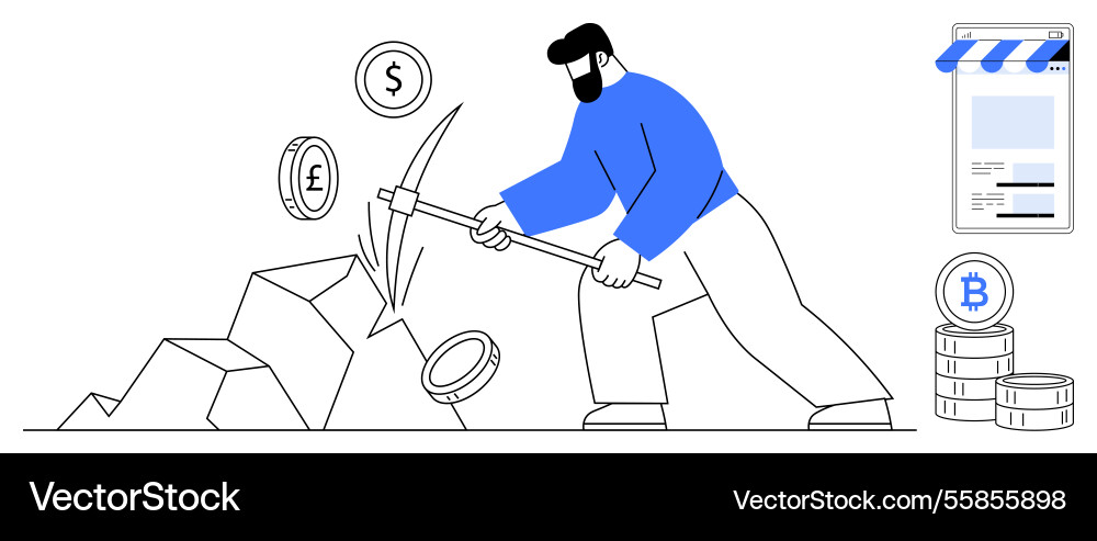Man mining cryptocurrency symbols with pickaxe Man mining cryptocurrency symbols with pickaxe vector image