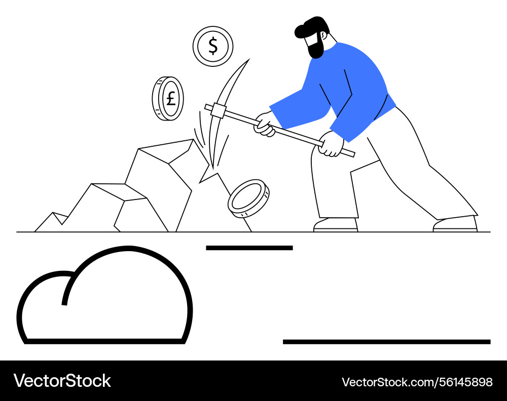 Man mining cryptocurrency with pickaxe while coins Man mining cryptocurrency with pickaxe while coins Vector Image