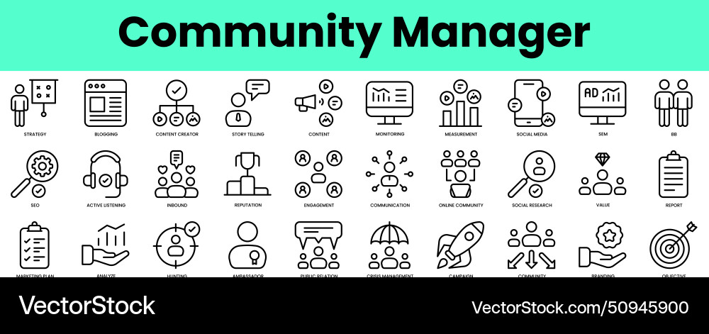 Set of community manager icons linear style icon Set of community manager icons linear style icon vector image