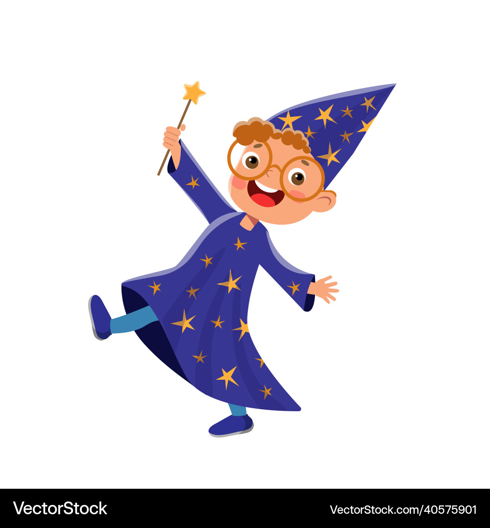 Cheerful Teen Magier mit Wand vektorbild