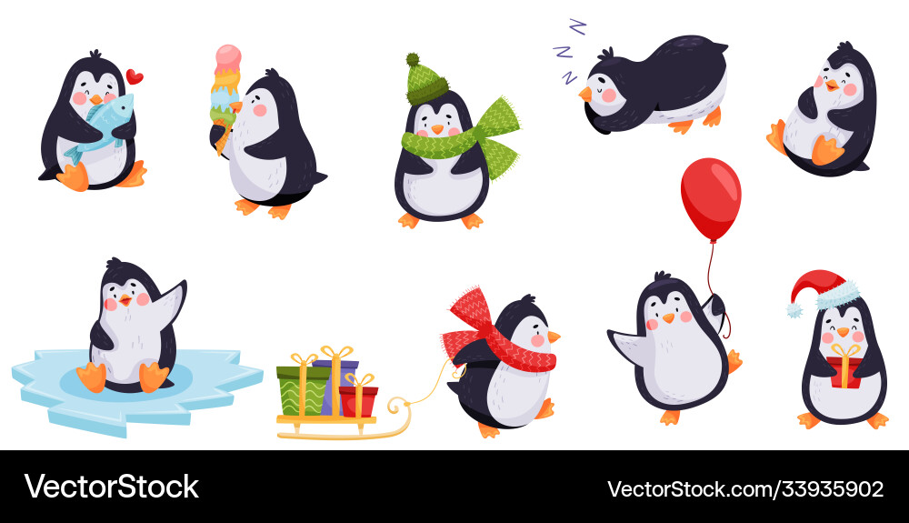 Cute penguin sleeping eating ice cream and waving Cute penguin sleeping eating ice cream and waving vector image