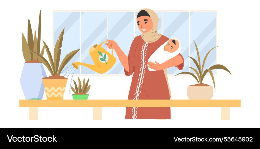 Eine Frau in braunem Kleid und Hijab Wasserpflanzen Eine Frau in braunem Kleid und Hijab Wasserpflanzen vektorbild