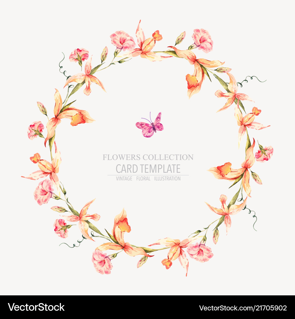 Vintage Floral Wreath with Orchids & Butterflies Vector Image