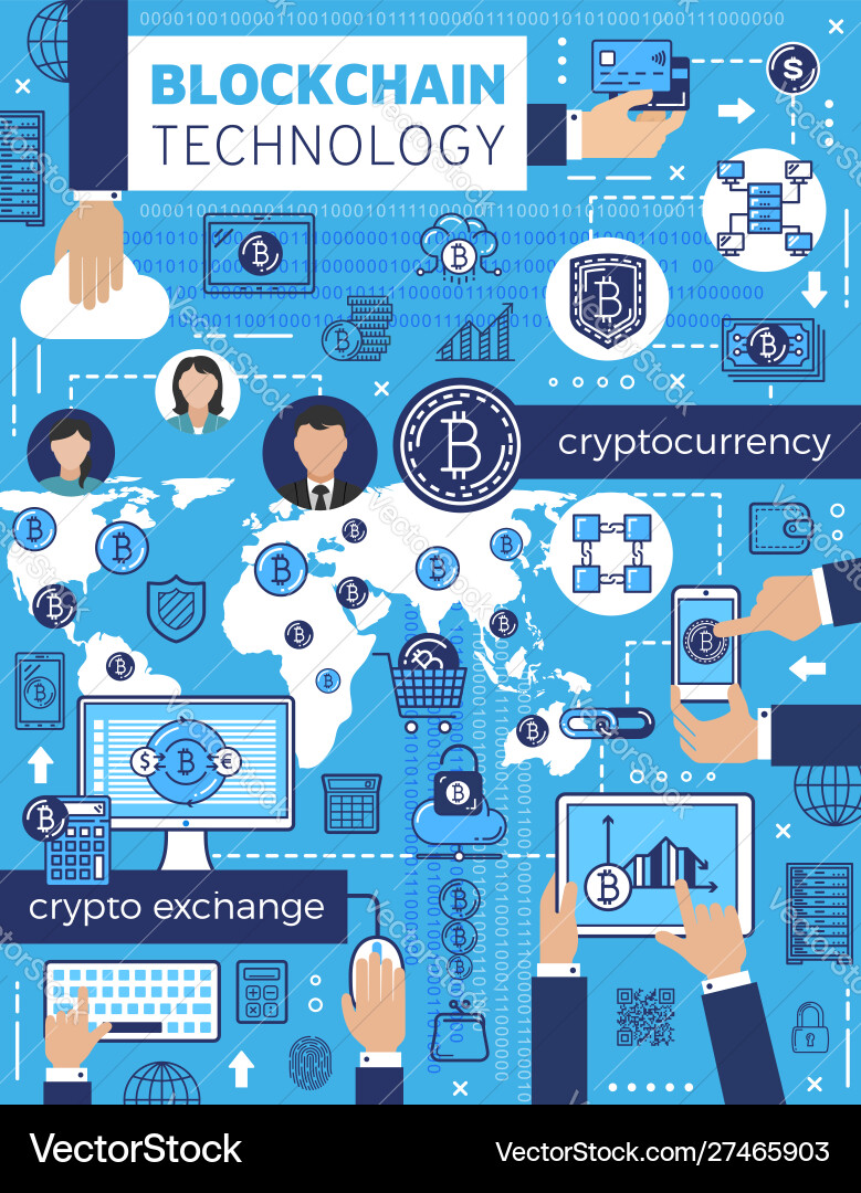 Bitcoin blockchain cryptocurrency and computer Bitcoin blockchain cryptocurrency and computer vector image