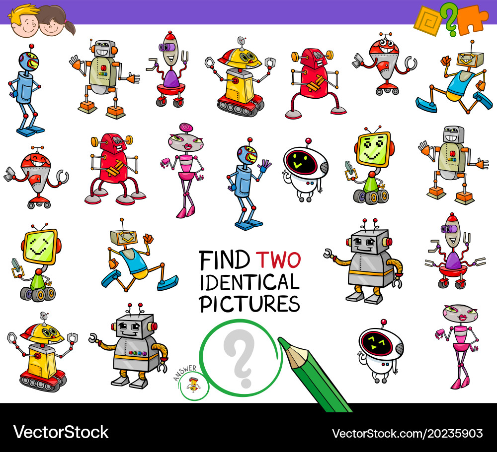 Find two identical robots educational game vector image