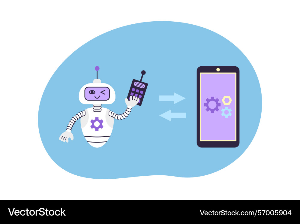 Cute robot controls smartphone with remote Cute robot controls smartphone with remote Vector Image