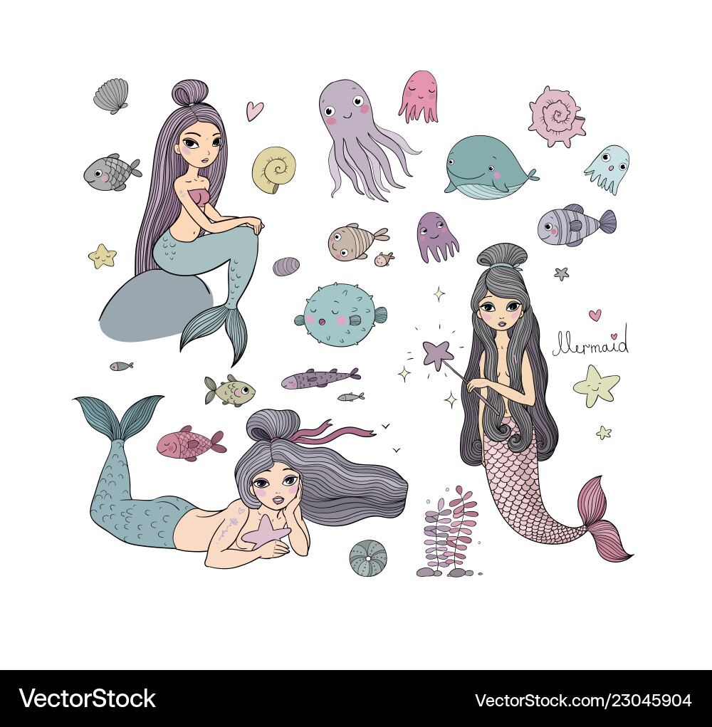 Set mit niedlichen Cartoon Meerjungfrauen marine Thema Set mit niedlichen Cartoon Meerjungfrauen marine Thema vektorbild