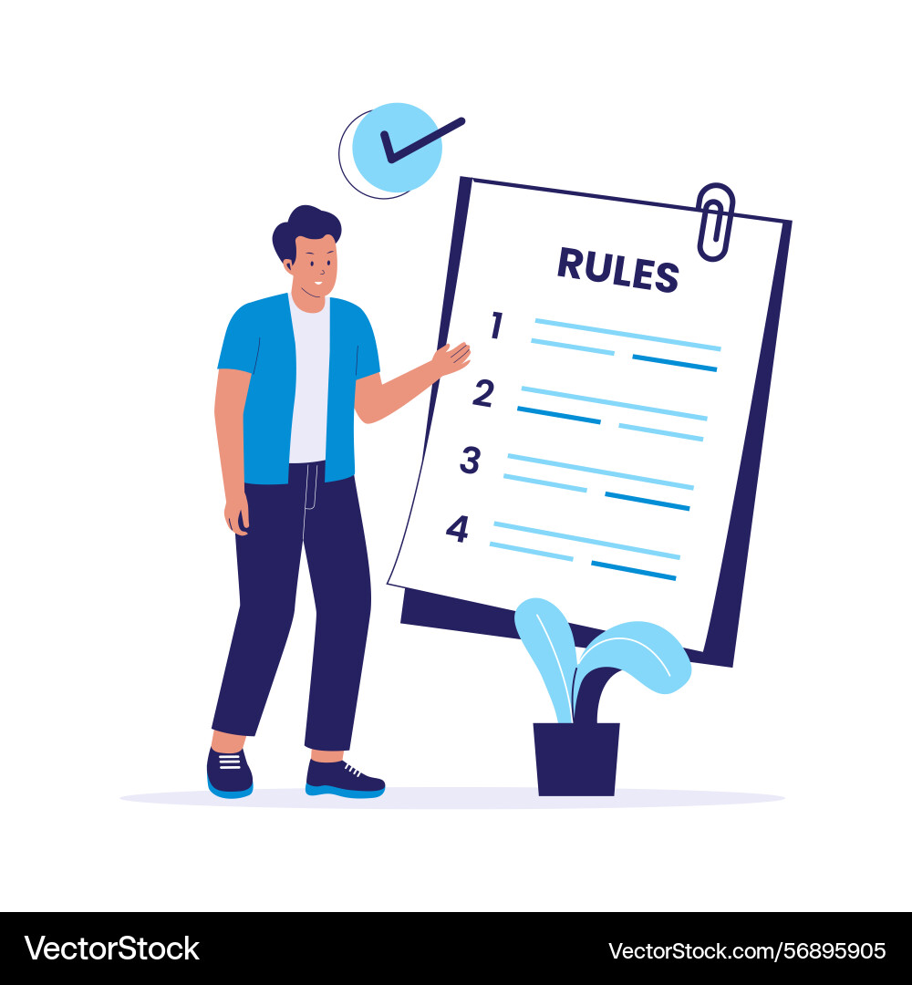 Rules concept with man pointing at numbered Rules concept with man pointing at numbered vector image