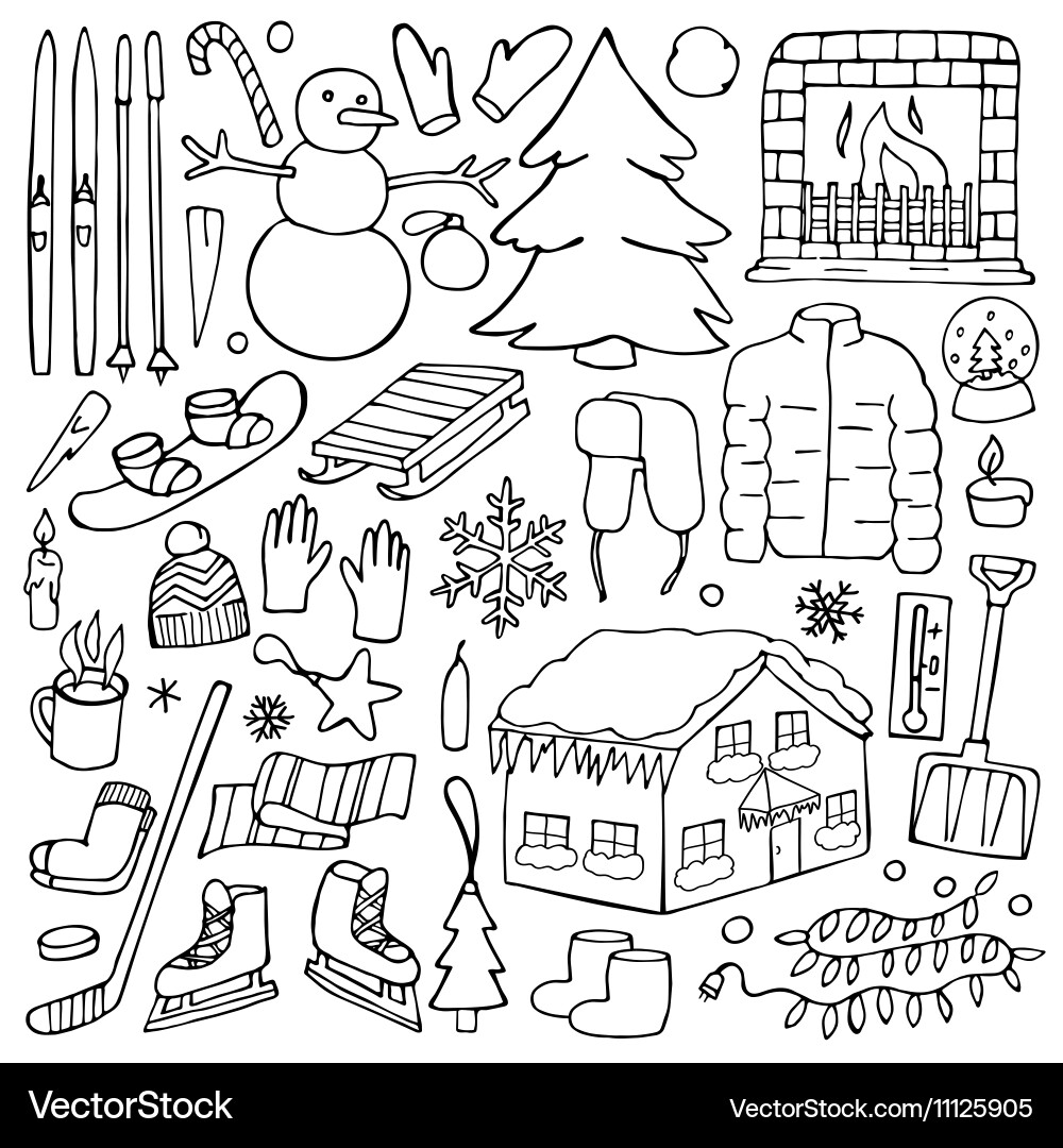 Winter Doodle Set - Festive Icons Vector Image