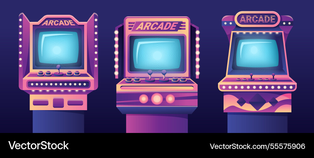 Arcade game machines set isolated on black Arcade game machines set isolated on black vector image