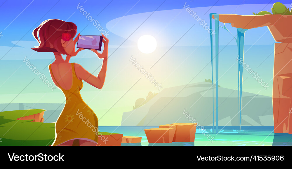 Mädchen nehmen Foto von Wasserfall auf Telefonkamera Mädchen nehmen Foto von Wasserfall auf Telefonkamera vektorbild
