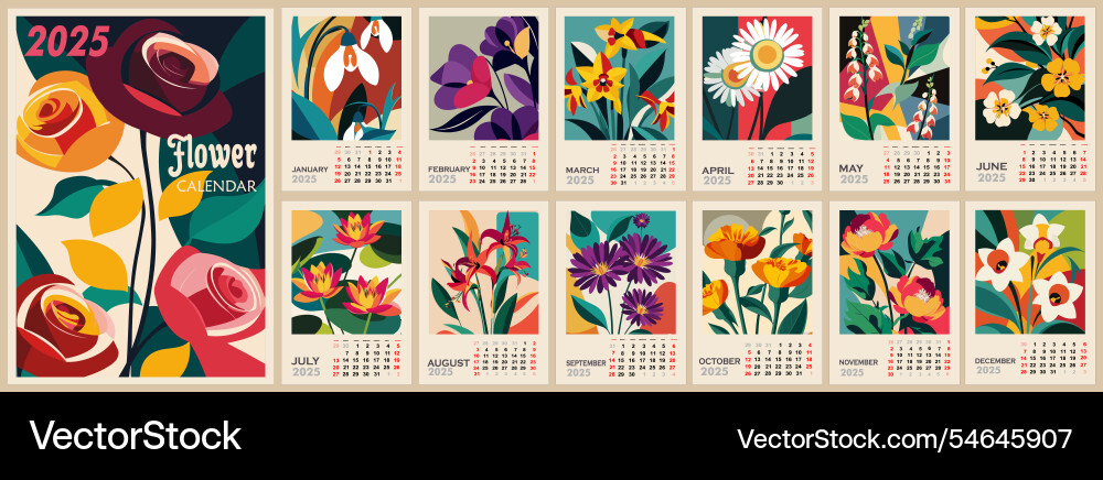 Floral calendar template for 2025 art Floral calendar template for 2025 art vector image