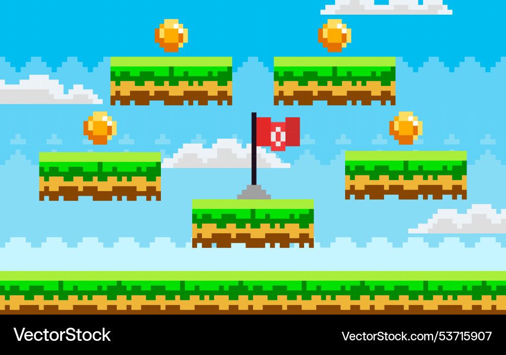 Pixelated platform game level with coins and flag Pixelated platform game level with coins and flag vector image