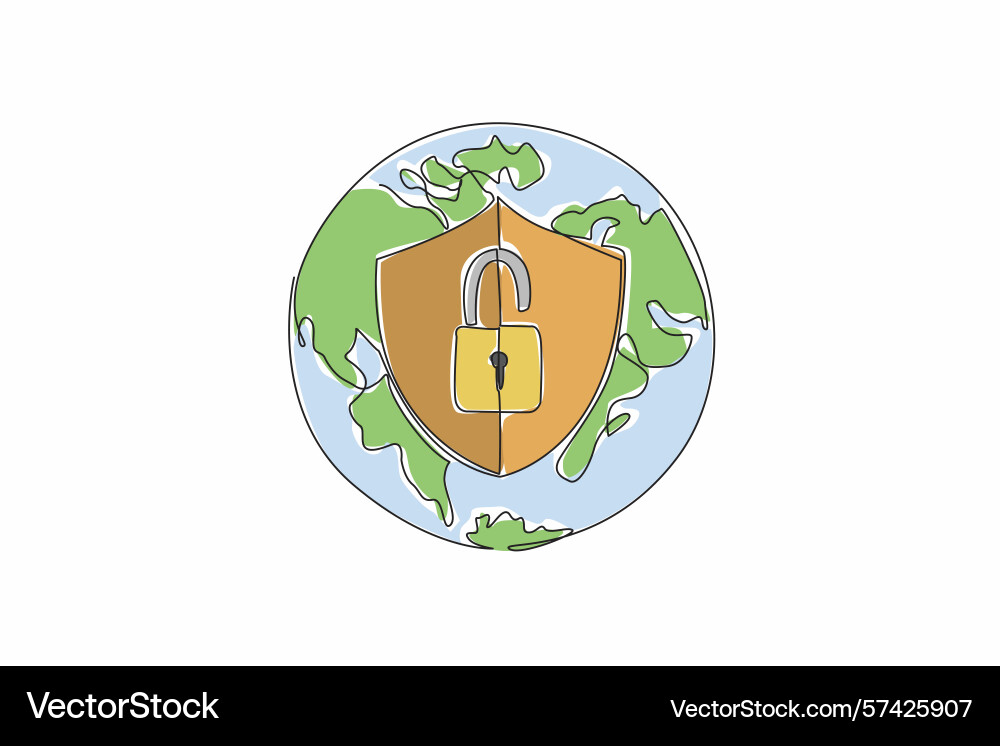 Single continuous line drawing globe with shield Single continuous line drawing globe with shield vector image