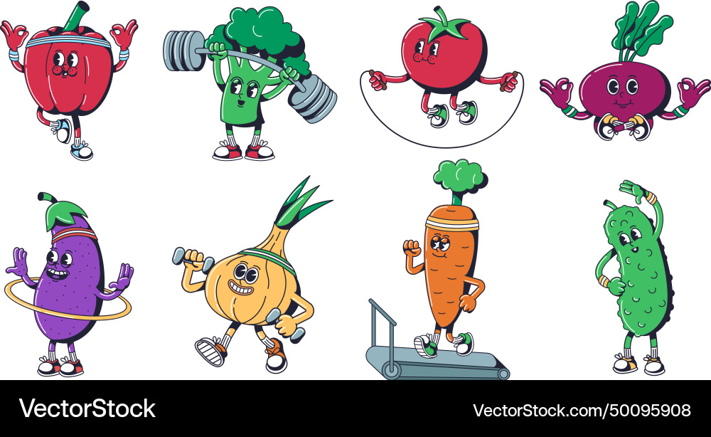 Cartoon healthy vegetables mascots sport veggies vector image