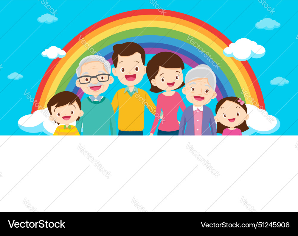 Glückliche große Familie vor Haus Regenbogen Glückliche große Familie vor Haus Regenbogen vektorbild