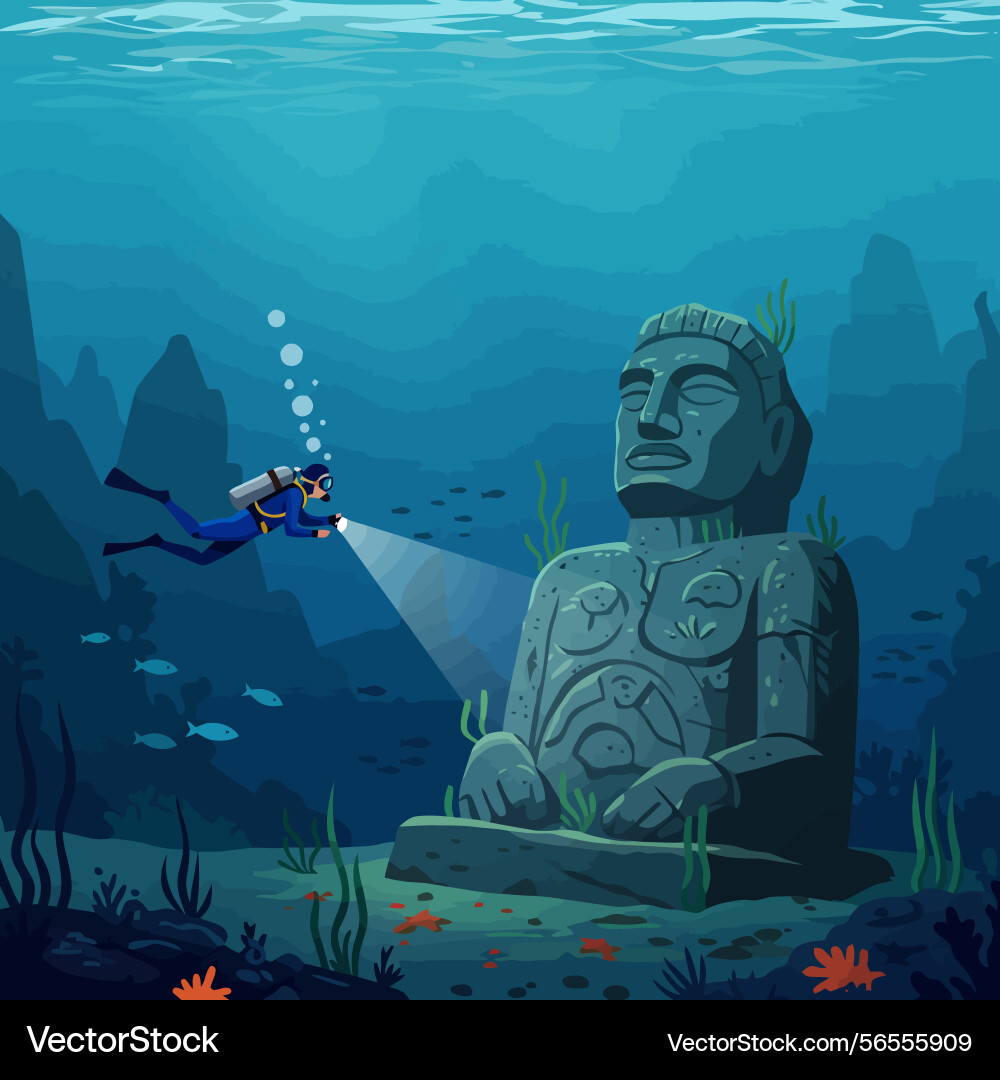 Diver exploring underwater statue with flashlight Diver exploring underwater statue with flashlight Vector Image