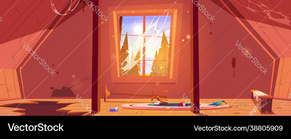 Old attic in abandoned house with clutter vector image