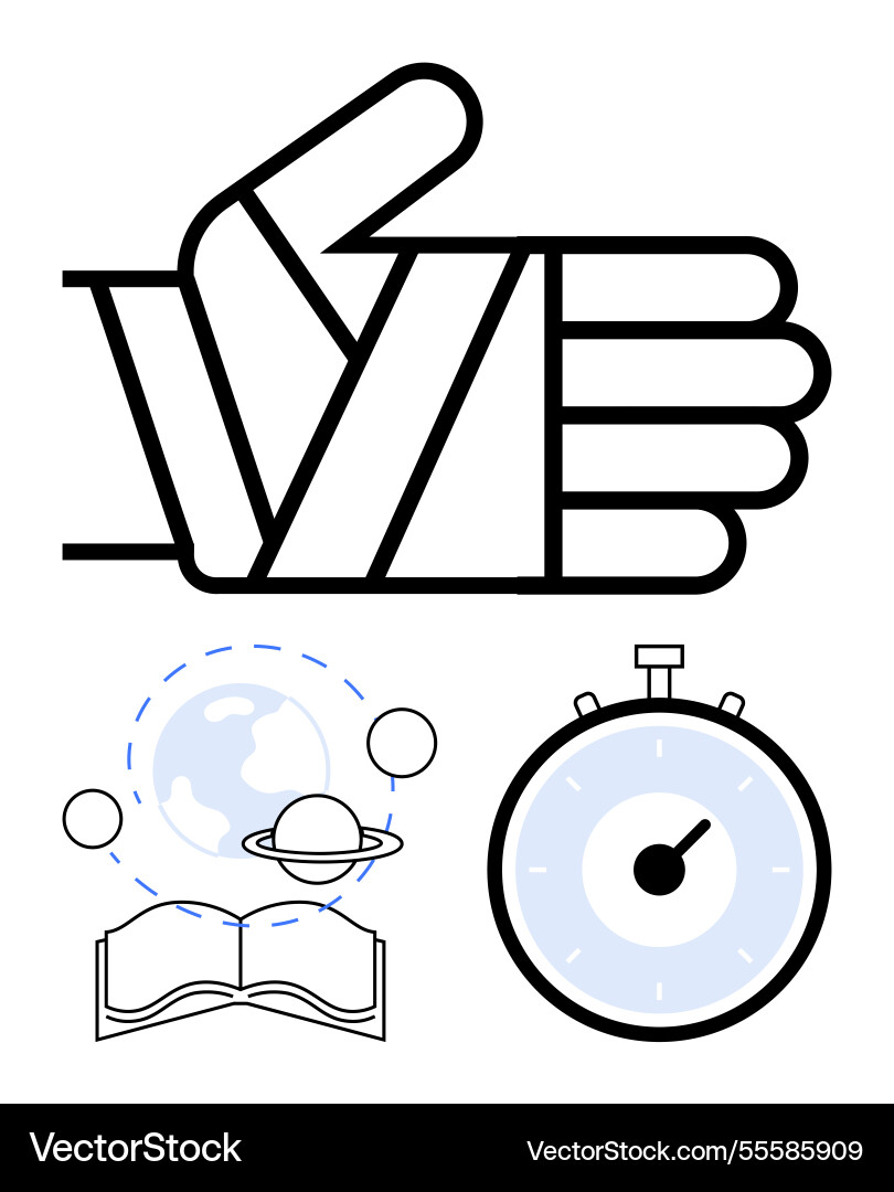 Thumbs up with book globe planet and timer Vector Image