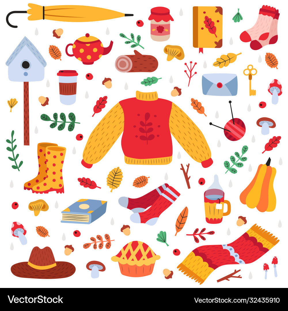 Hand drawn autumn symbols fall leaves forest Hand drawn autumn symbols fall leaves forest vector image