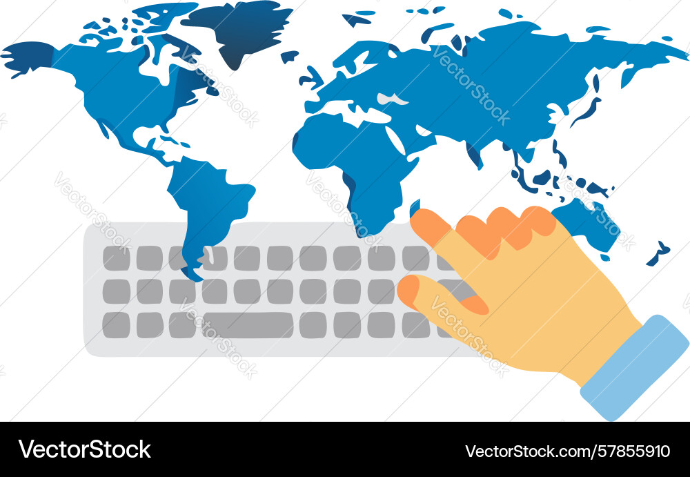 Hands interacting with world map keyboard global vector image