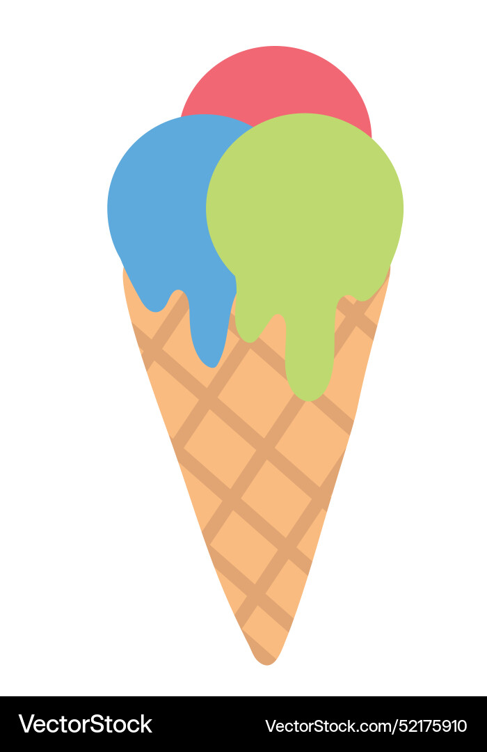 Ice cream in waffle cone with colorful three scoop Ice cream in waffle cone with colorful three scoop Vector Image