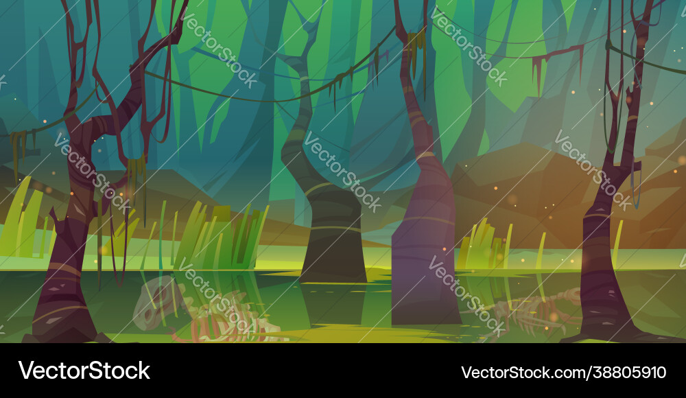 Swamp in forest with dinosaur skeleton fossils Swamp in forest with dinosaur skeleton fossils vector image