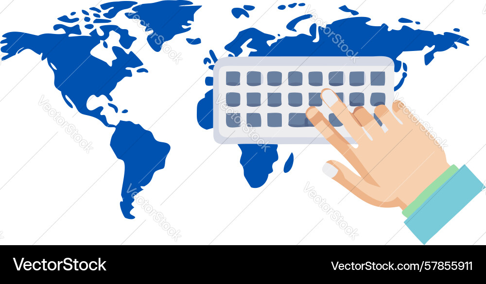 Hands on world map keyboard international data Vector Image