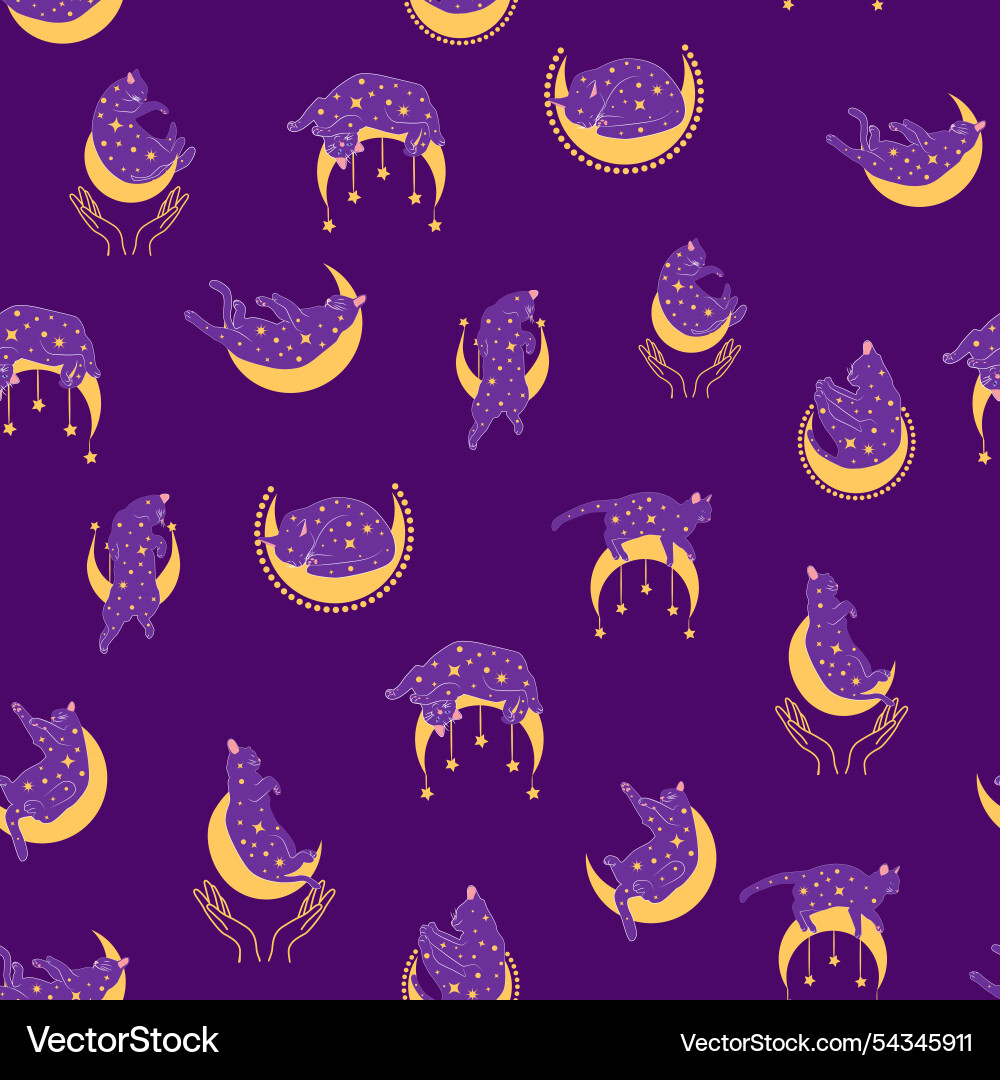 Mystical seamless pattern of cats in boho style Mystical seamless pattern of cats in boho style vector image