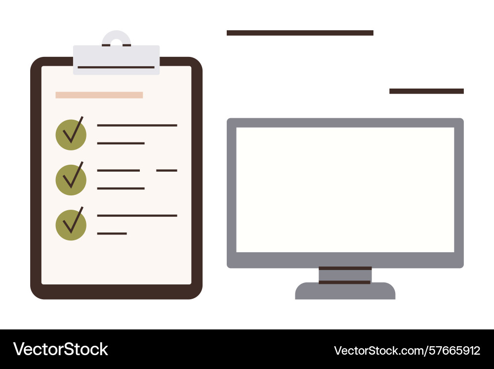 Checklist with completed tasks alongside computer Checklist with completed tasks alongside computer vector image