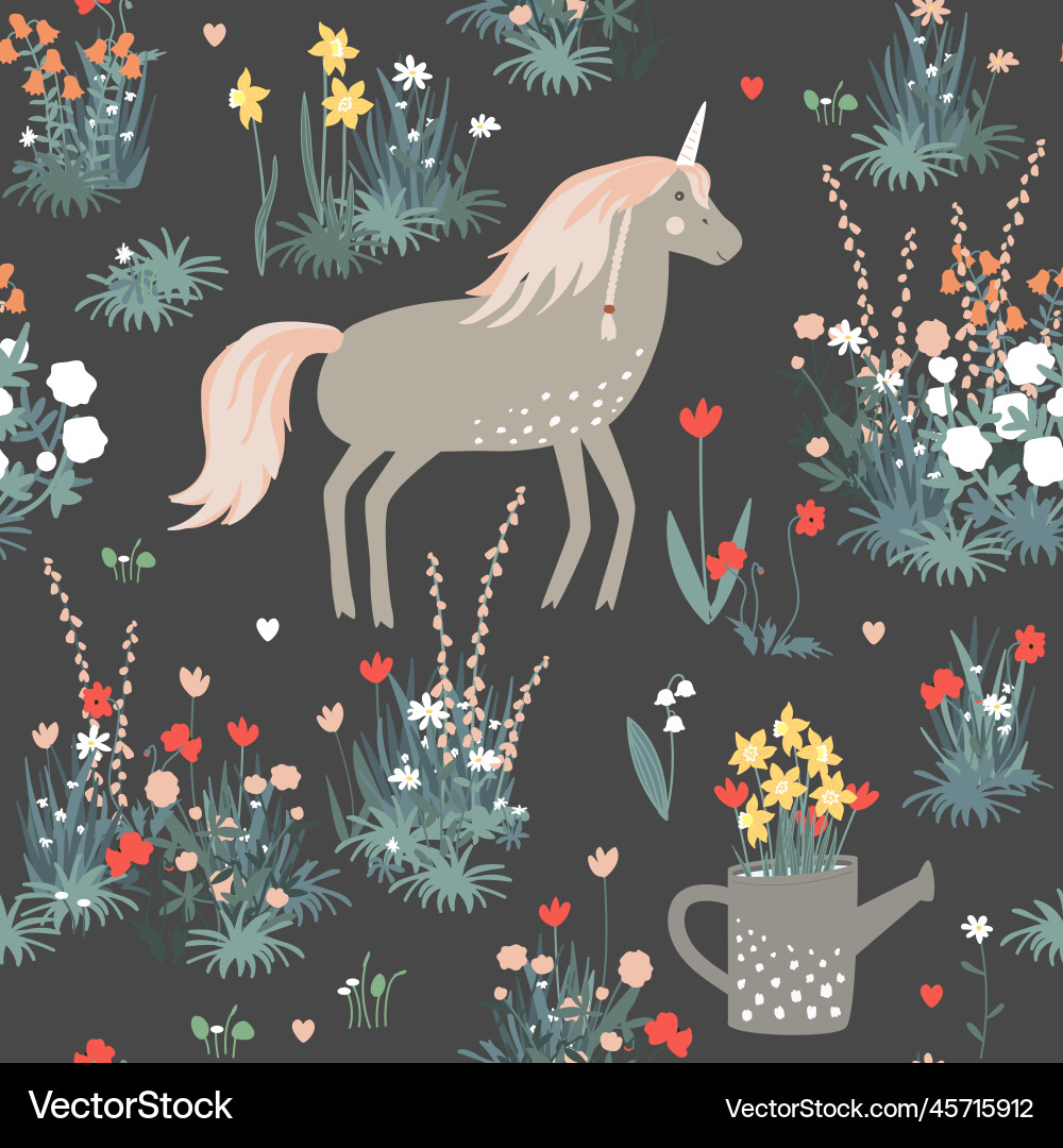 Magic seamless pattern with unicorn among spring Magic seamless pattern with unicorn among spring vector image
