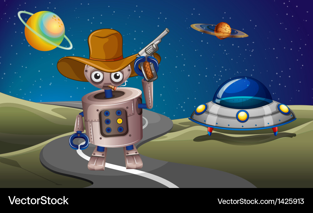 A robot at the road with spaceship vector image